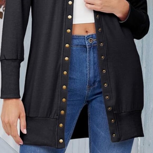 MEROKEETY Waffle Knit Snap Button Cardigan Black XXL - Picture 3 of 5